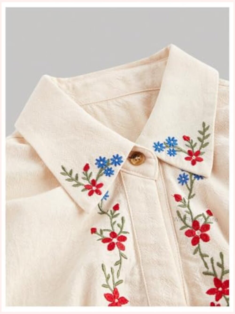 Floral Embroidered Cap Sleeve Boho Blouse Smocked Collar Crop Top - Picture 3 of 5